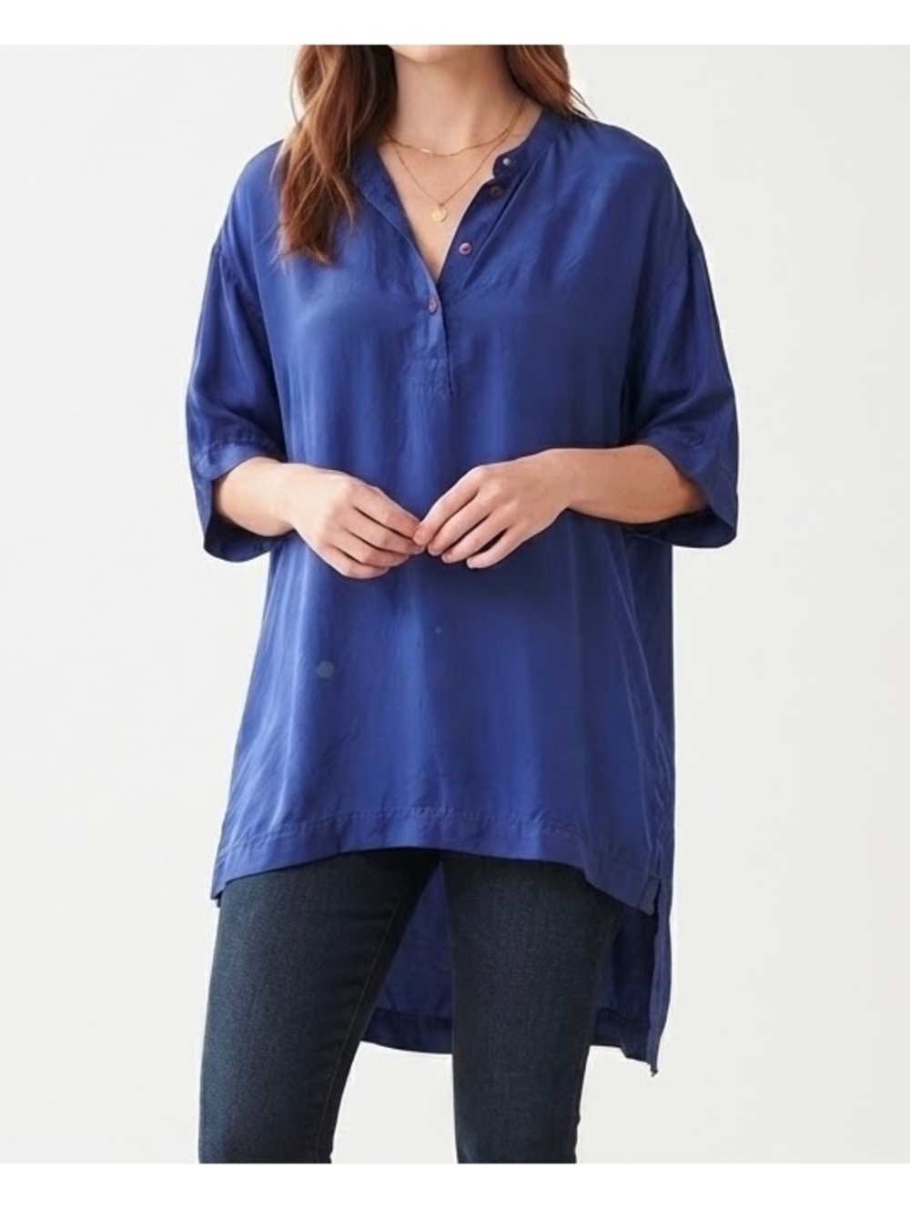 Love 100 Silk Blue Silk Tunic Blouse Size L